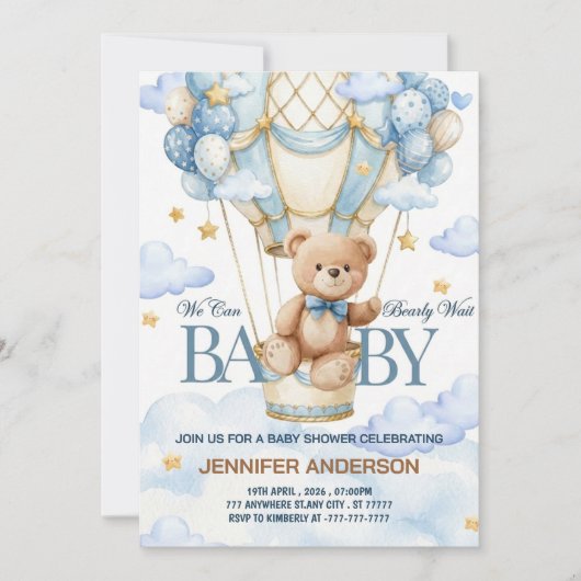 Boho Teddy Bear Boy Blue Bearly Wait Baby Shower Kaart (Voorkant)