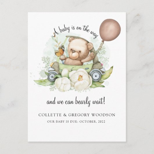 Boho Teddy Bear Brown Sage Green Bearly Wait Anno Aankondigingskaart (Voorkant)