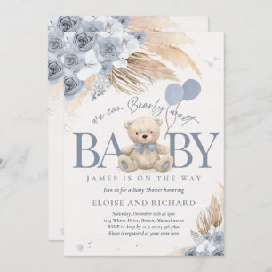 Boho Teddy Bear Dusty Blue Barly Wait Baby shower Kaart