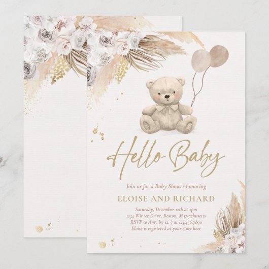Boho Teddy Bear Gender Neutral Baby shower Kaart (Voorkant / Achterkant)
