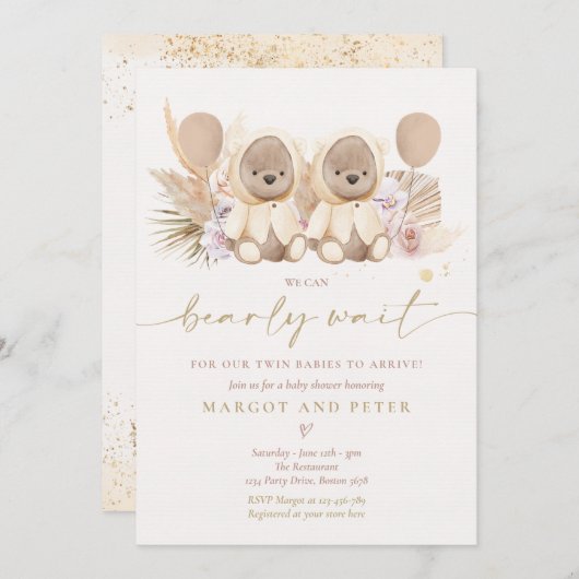 Boho Teddy Bear Gender Neutral Twin Baby shower Kaart (Voorkant / Achterkant)