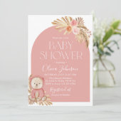 Boho Teddy Bear Girl Baby shower rose Invitation (Debout devant)