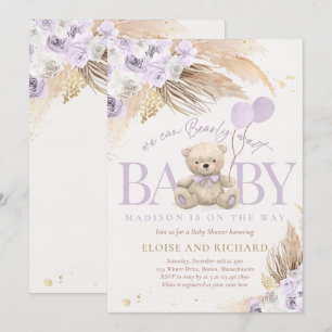 Boho Teddy Bear Girl Lila Barly Wait Baby shower Kaart