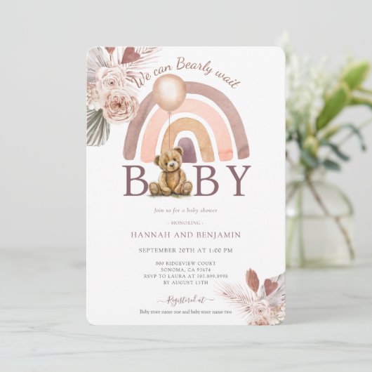 Boho Teddy Bear Girl Pink Barly Wake Baby shower Kaart (Staand voorkant)