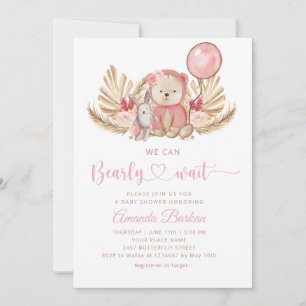 Boho Teddy Bear Girl Pink Barly Wake Baby shower Kaart