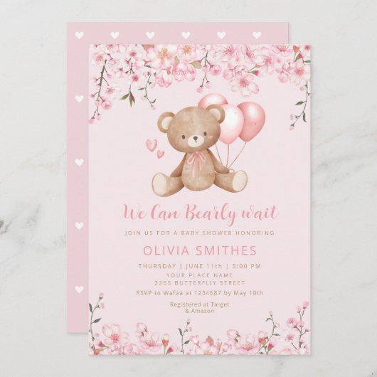 Boho Teddy Bear Girl Pink Barly Wake Baby shower Kaart (Voorkant / Achterkant)