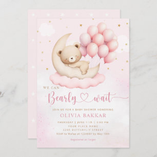 Boho Teddy Bear Girl Pink Barly Wake Baby shower Kaart