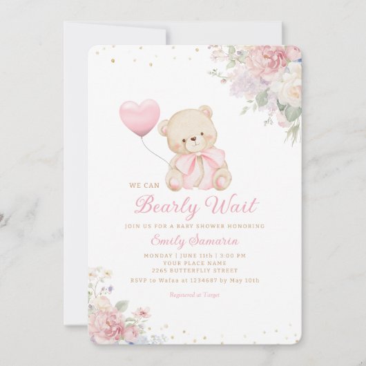 Boho Teddy Bear Girl Pink Bearly Wait Baby Shower Kaart (Voorkant)