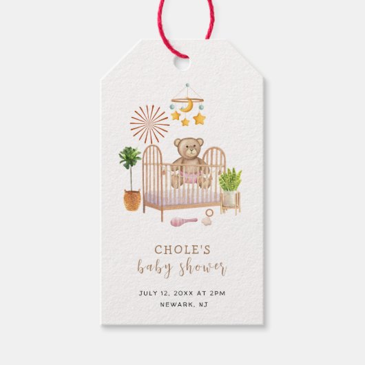 Boho Teddy Bear Kwekerij Baby shower Cadeaulabel (Voorkant)