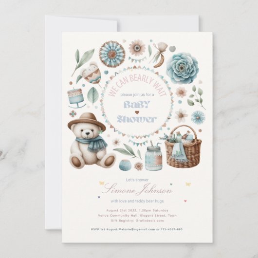 Boho Teddy Bear Picnic Baby shower Theme Unisex Kaart (Voorkant)