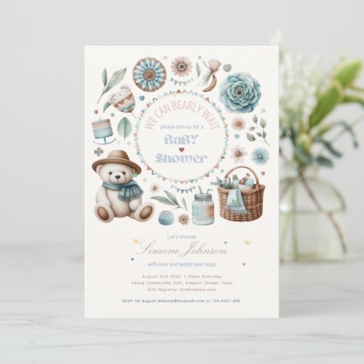Boho Teddy Bear Picnic Baby shower Theme Unisex Kaart (Staand voorkant)