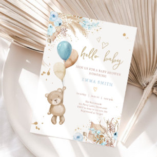 Boho Teddy Bear Picnic Boy Blue Baby shower Kaart