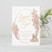 Boho Teddy Bear Pink and Gold Birthday Kaart (Staand voorkant)