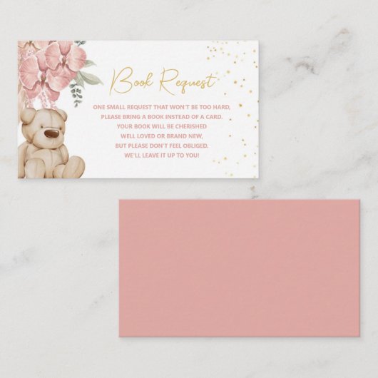Boho Teddy Bear Pink and Gold Book Request Informatiekaartje (Voorkant / Achterkant)