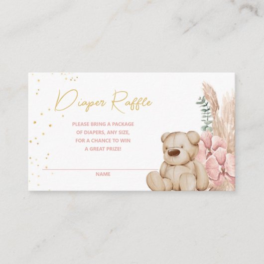 Boho Teddy Bear Pink and Gold Diaper Raffle Informatiekaartje (Voorkant)