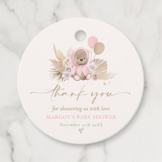 Boho Teddy Bear Pink Barly Wake Baby shower Bedankjes Labels (Voorkant)
