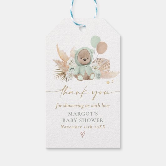Boho Teddy Bear Sage Green Barly Wait Baby shower Cadeaulabel (Achterkant)