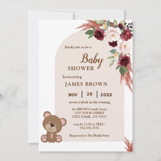 Boho Teddy Bear Stylist Baby shower Invitation (Devant)