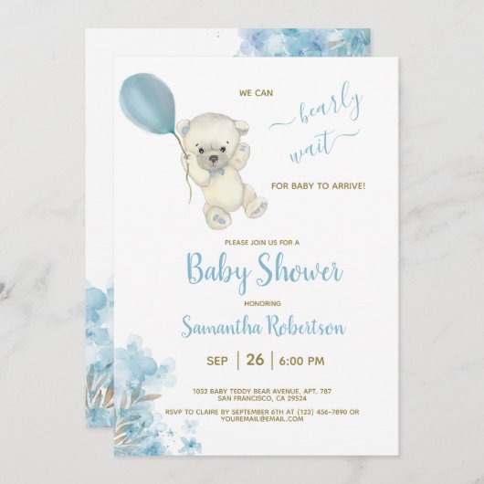 Boho Teddy Polar Beer Blue Balloon Baby shower Kaart (Voorkant / Achterkant)