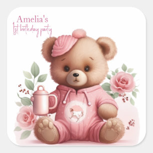 Boho Teddybeer Meisje Roze Beer Bloemige Verjaarda Vierkante Sticker