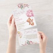 Boho Teddybeer Roze Ballonnen Bloemen Baby shower All In One Uitnodiging (Afscheurbaar)