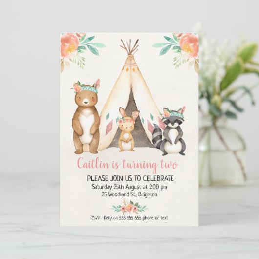 Boho Teepee Bois Animaux Anniversaire Invitation (Debout devant)