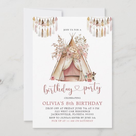 Boho Teepee Girl Floral Birthday Party Invitation (Devant)