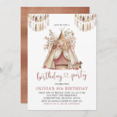 Boho Teepee Girl Floral Birthday Party Invitation (Devant / Derrière)