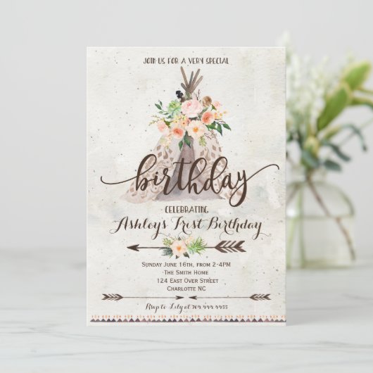 Boho TeePee invitation anniversaire, premier anniv (Debout devant)