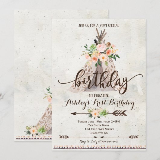 Boho TeePee invitation anniversaire, premier anniv (Devant / Derrière)