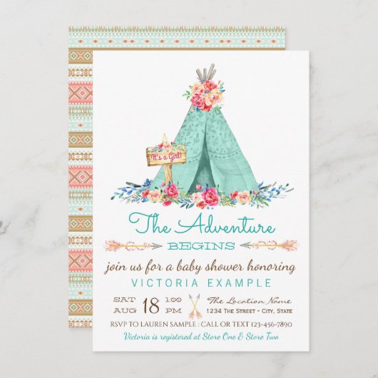 Boho TeePee Rustic Girl Baby Shower Invitations (Devant / Derrière)