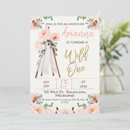 Boho Teepee Wild One 1st Birthday Invitation Kaart (Staand voorkant)