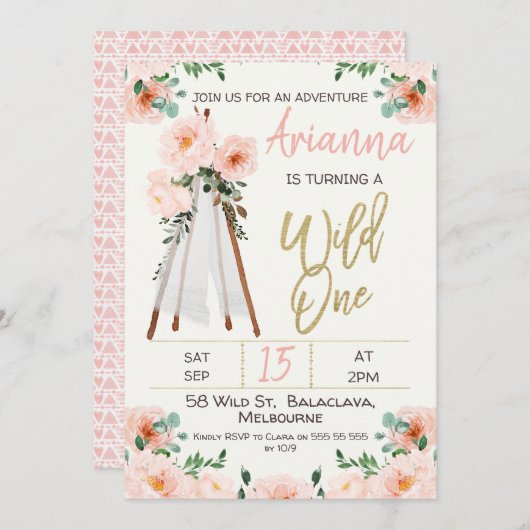 Boho Teepee Wild One 1st Birthday Invitation Kaart (Voorkant / Achterkant)
