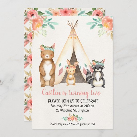 Boho Teepee Woodland Animals Birthday Invitation Kaart (Voorkant / Achterkant)