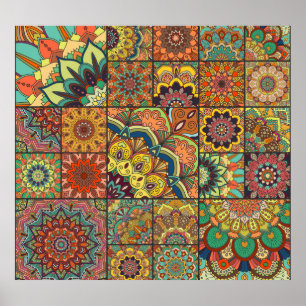 Boho tegels: kleurrijk patchwork naadloos patroon poster