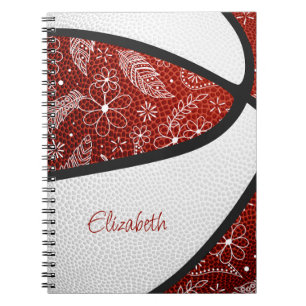 Boho tekenbloemen bordeauxrood witte basketbal notitieboek