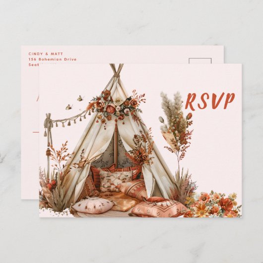 Boho Tent Feathers Wedding RSVP Briefkaart (Voorkant / Achterkant)