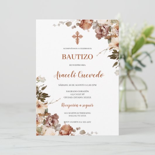 Boho Terracota Baptême espagnol Invitation (Debout devant)