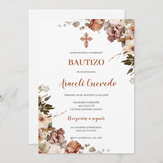 Boho Terracota Baptême espagnol Invitation (Devant / Derrière)