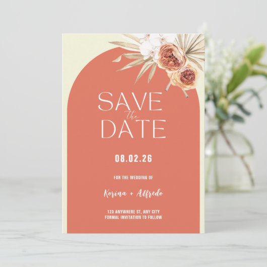 Boho Terracotta Arch Floral Save the Date Template (Staand voorkant)