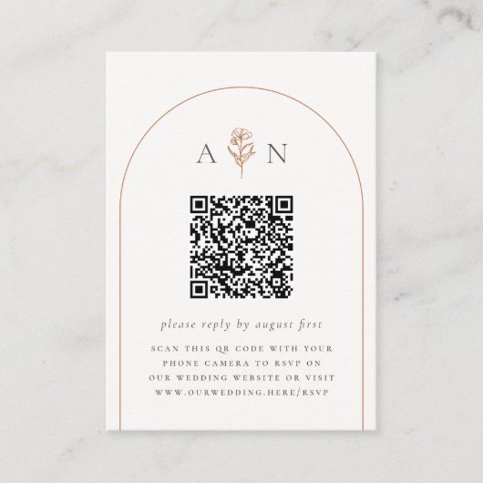 Boho Terracotta Arch & Foto QR Code Bruiloft RSVP Informatiekaartje (Voorkant)