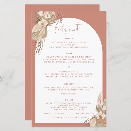 Boho Terracotta Arch Pampas Menu Grass (Devant / Derrière)