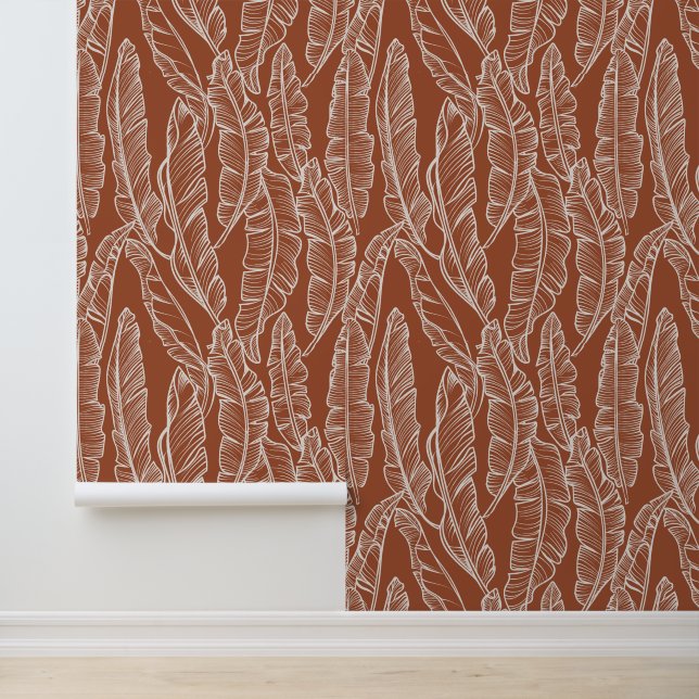 Boho Terracotta Banaan Bladeren Print Behang (Applicatie)