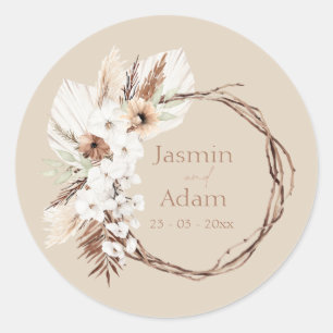 Boho Terracotta Beige Gedroogde Bloemenkrans Bruil Ronde Sticker