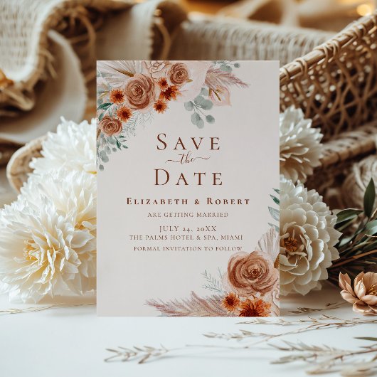 Boho Terracotta Bloemen Pampas Gras Save the Date Kaart