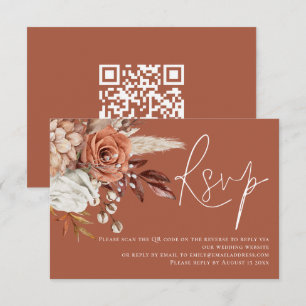 Boho Terracotta bloemen QR Code Trouwen RSVP Kaartje