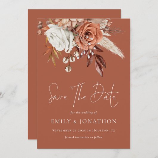 Boho Terracotta Bloemen QR Code Trouwroest Save The Date (Voorkant / Achterkant)