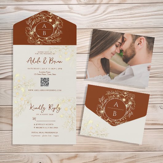 Boho Terracotta Bloemenbruiloft All In One Uitnodiging