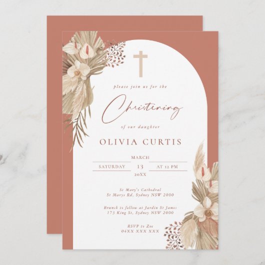 Boho Terracotta Boog Pampas Gras Doopfeest Kaart (Voorkant / Achterkant)