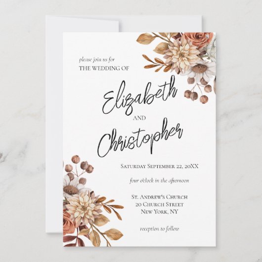 Boho Terracotta Browns Floral Faire-part de mariag (Devant)